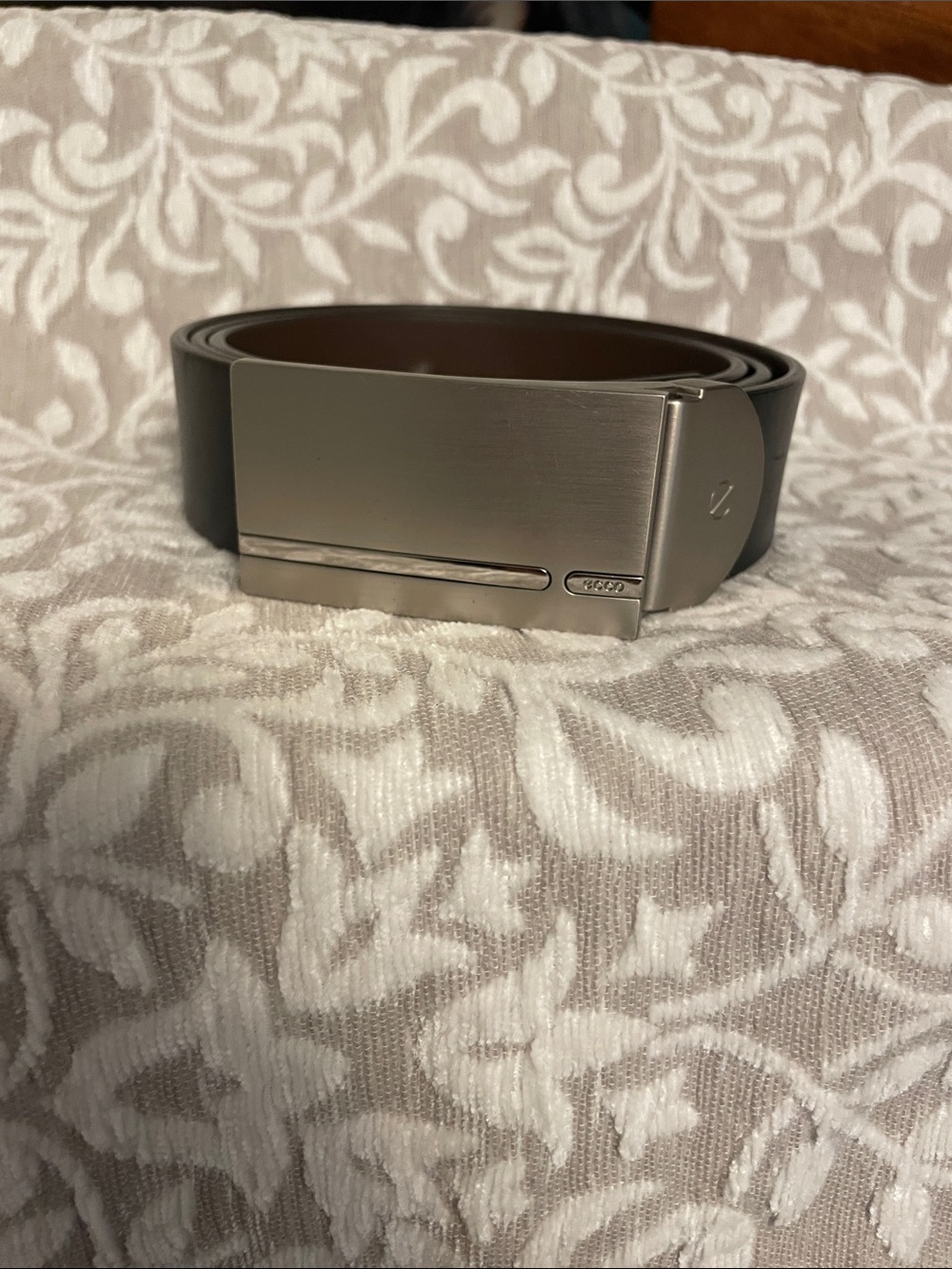 Ecco Black/ Dark Brown Leather Belt with Brushed Silver Buckle